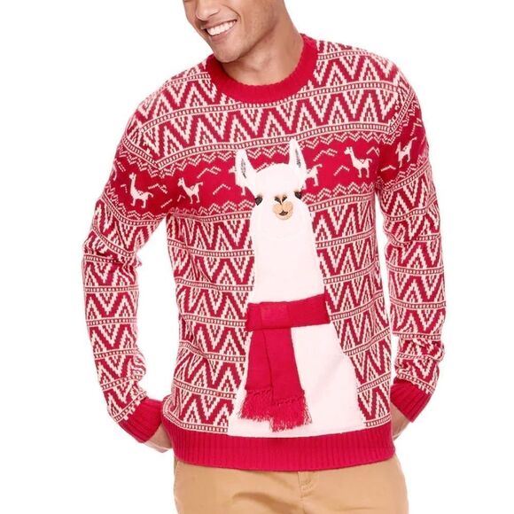 NWOT Red White Cotton Llama Ugly Christmas Sweater - Picture 1 of 7